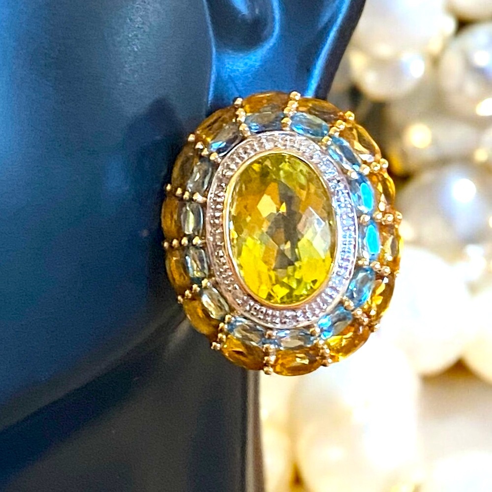 Exquisite Estate 14K Gold Gemstone Large Oval Statement Omega Back Earrings!